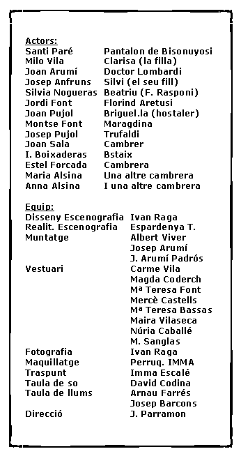 Cuadro de texto:  Actors:Santi Par�		Pantalon de BisonuyosiMilo Vila		Clarisa (la filla)Joan Arum�	Doctor LombardiJosep Anfruns	Silvi (el seu fill)Silvia Nogueras	Beatriu (F. Rasponi)Jordi Font		Florind AretusiJoan Pujol		Briguel.la (hostaler)Montse Font	MaragdinaJosep Pujol	TrufaldiJoan Sala		CambrerI. Boixaderas	BstaixEstel Forcada	CambreraMaria Alsina	Una altre cambreraAnna Alsina	I una altre cambreraEquip:Disseny Escenografia	Ivan RagaRealit. Escenografia	Espardenya T.Muntatge			Albert Viver				Josep Arum�				J. Arum� Padr�sVestuari			Carme Vila				Magda Coderch				M� Teresa Font				Merc� Castells				M� Teresa Bassas				Maira Vilaseca				N�ria Caball�				M. SanglasFotografia			Ivan RagaMaquillatge		Perruq. IMMATraspunt			Imma Escal�Taula de so		David CodinaTaula de llums		Arnau Farr�s				Josep BarconsDirecci�			J. Parramon	