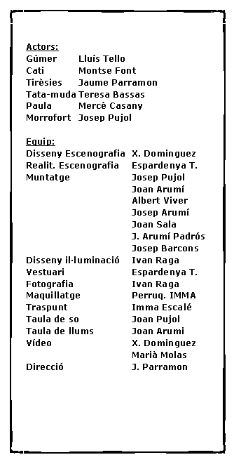 Cuadro de texto: Actors:G�mer	Llu�s Tello	Cati		Montse FontTir�sies	Jaume ParramonTata-muda	Teresa BassasPaula		Merc� CasanyMorrofort	Josep PujolEquip:Disseny Escenografia	X. DominguezRealit. Escenografia	Espardenya T.Muntatge			Josep Pujol				Joan Arum�				Albert Viver				Josep Arum�				Joan Sala				J. Arum� Padr�s				Josep BarconsDisseny il�luminaci�	Ivan RagaVestuari			Espardenya T.Fotografia			Ivan RagaMaquillatge		Perruq. IMMATraspunt			Imma Escal�Taula de so		Joan PujolTaula de llums		Joan ArumiV�deo			X. Dominguez				Mari� MolasDirecci�			J. Parramon	