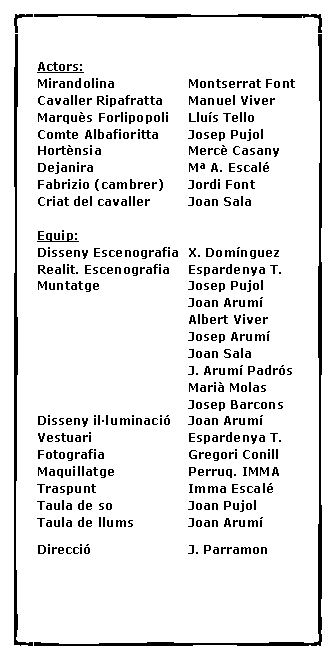 Cuadro de texto: Actors:Mirandolina		Montserrat FontCavaller Ripafratta      Manuel ViverMarqu�s Forlipopoli  	Llu�s Tello  Comte Albafioritta	Josep PujolHort�nsia			Merc� CasanyDejanira			M� A. Escal�Fabrizio (cambrer)	Jordi FontCriat del cavaller	Joan SalaEquip:Disseny Escenografia	X. Dom�nguezRealit. Escenografia	Espardenya T.Muntatge			Josep Pujol				Joan Arum�				Albert Viver				Josep Arum�				Joan Sala				J. Arum� Padr�s				Mari� Molas 				Josep BarconsDisseny il�luminaci�	Joan Arum�Vestuari			Espardenya T.Fotografia			Gregori ConillMaquillatge		Perruq. IMMATraspunt			Imma Escal�Taula de so		Joan PujolTaula de llums		Joan Arum�				Direcci�			J. Parramon	